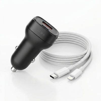 PAWA Quad Pro 38W Dual Port Car Charger (USB-C PD 20W + USB-A QC 18W) with Ambient Ring Light & 30W Braided USB-C to Lightning Cable (Black)