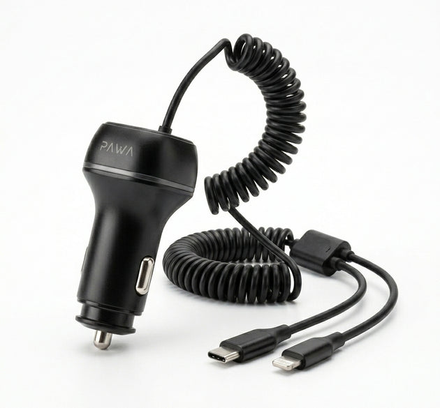 PAWA Solid 68W Dual Port PD & QC Car Charger with Built-In USB-C & Lightning Cables | High-Speed Fast Charging, 12-24V Compatibility & Premium ABS Shell (Black)