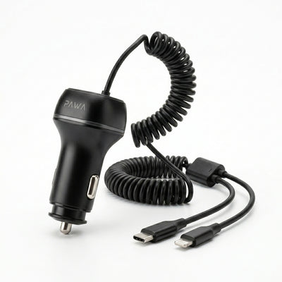 PAWA Solid 68W Dual Port PD & QC Car Charger with Built-In USB-C & Lightning Cables | High-Speed Fast Charging, 12-24V Compatibility & Premium ABS Shell (Black)