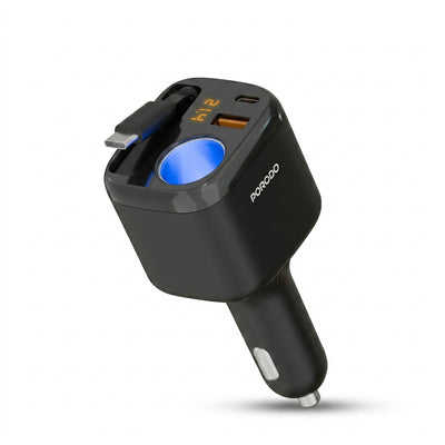 PORODO Apolo Multi-Port Fast Car Charger Adapter | High-Power Simultaneous Output, USB-C Power Delivery, USB-A Quick Charge 3.0 & Universal 12V-24V Input (Black)