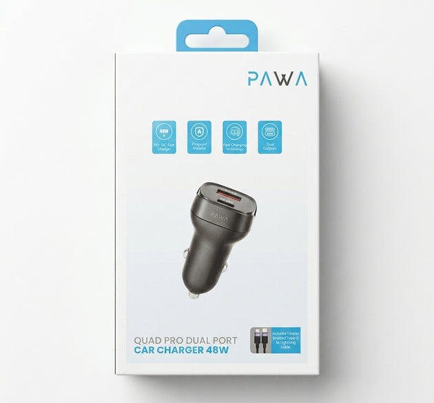 PAWA Quad Pro 48W Dual Port Car Charger (USB-C PD 30W + USB-A QC 18W) | Fireproof PC+ABS Shell, Fast Adaptive Charging & Multi-Layer Circuit Protection