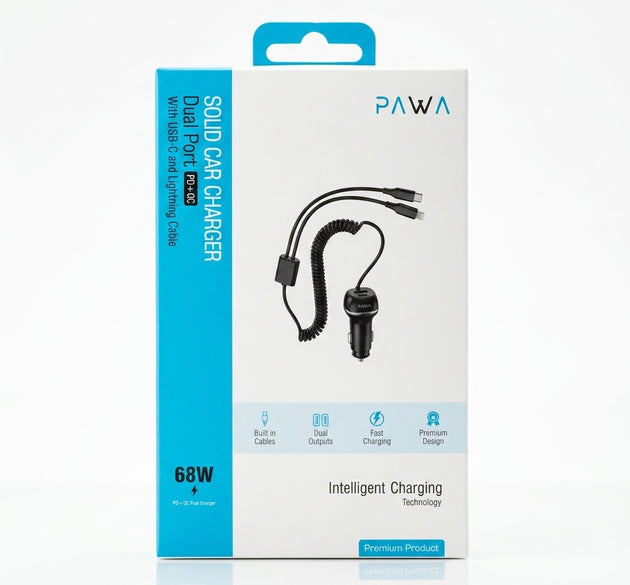 PAWA Solid 68W Dual Port PD & QC Car Charger with Built-In USB-C & Lightning Cables | High-Speed Fast Charging, 12-24V Compatibility & Premium ABS Shell (Black)