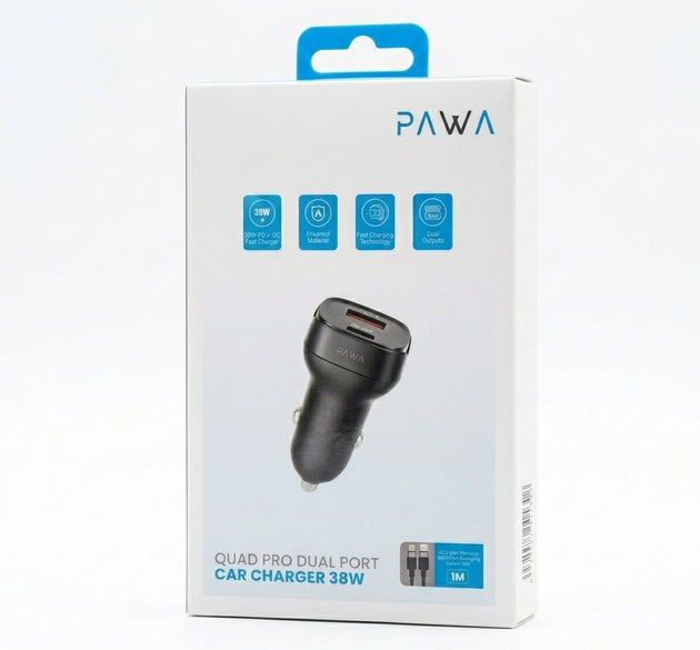 PAWA Quad Pro 38W Dual Port Car Charger (USB-C PD 20W + USB-A QC 18W) with Ambient Ring Light | Flame-Retardant PC+ABS Shell & Multi-Layer Safety Protection (Black)