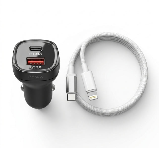 PAWA Solid Dual Port 48W Car Charger (USB-C PD 30W + USB-A QC 18W) with USB-C to Lightning Cable | Flame-Retardant ABS Shell & Multi-Layer Circuit Protection (Black)