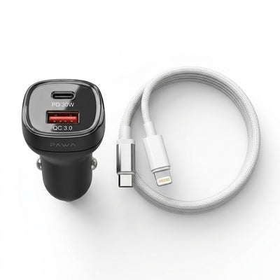 PAWA Solid Dual Port 48W Car Charger (USB-C PD 30W + USB-A QC 18W) with USB-C to Lightning Cable | Flame-Retardant ABS Shell & Multi-Layer Circuit Protection (Black)