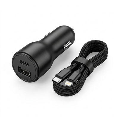 PAWA Solid 51W Dual Port Fast Car Charger (USB-C PD 30W/33W PPS + USB-A QC 18W) with 30W Braided USB-C to Lightning Cable | Fire-Retardant ABS Shell & Multi-Layer Circuit Protection (Black)
