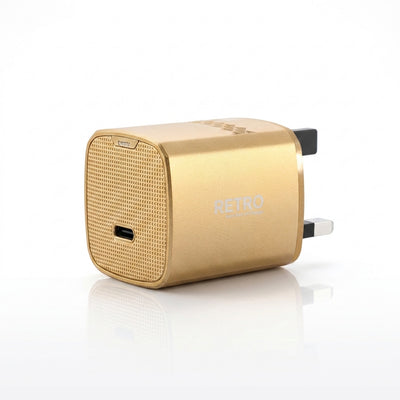 PAWA Retro PD 25W GaN Wall Charger | USB Type-C Power Delivery, Compact UK 3-Pin Plug & Elegant Vintage Design (Gold)