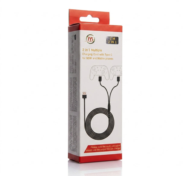 JYS 3M 2-in-1 Dual Type-C Charging Cable for Nintendo Switch (NSW) – Multi USB-C Play & Charge Cord (Trending Accessories for PS5, PlayStation 5, Xbox Controllers & Mobile Setups)