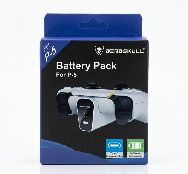 Deadskull 2000mAh Rechargeable Battery Pack for PS5 DualSense Controller | External Clip-On Power Bank with Digital LED Display & Type-C Cable (Model DS-2032)