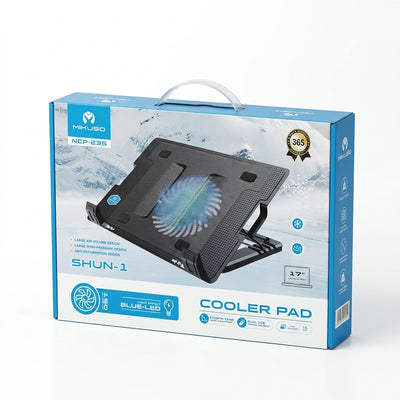 MIKUSO SHUN-1 NCP-235 Laptop Cooler Pad – 17" Ergonomic Cooling Stand with 160mm Blue LED Fan & Dual USB Ports