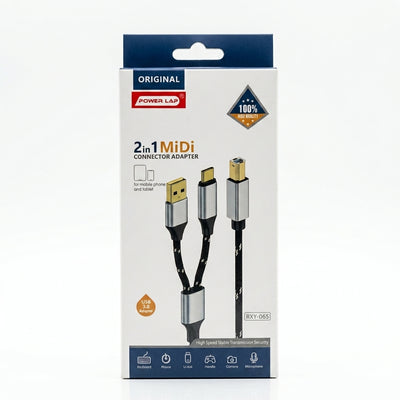 محول موصل MIDI ثنائي في واحد Power Lap (PL-551 / RXY-065) – كابل USB-A و USB-C مضفر إلى USB-B للهواتف والأجهزة اللوحية وأجهزة الكمبيوتر