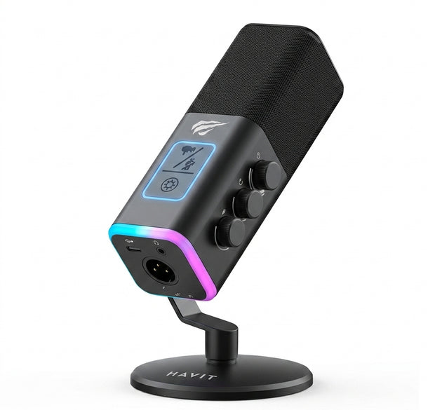HAVIT GK71 Series USB Live Microphone with Dynamic RGB Lighting - Cardioid Condenser Studio Mic with Quick Tap-to-Mute, Gain Control Knob, 3.5mm Headphone Jack & Desktop Stand | Plug-and-Play for PC, PS5, PS4, Streaming, Podcasting, Discord & Gaming