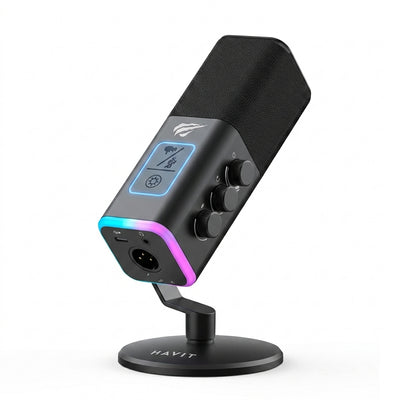 HAVIT GK71 Series USB Live Microphone with Dynamic RGB Lighting - Cardioid Condenser Studio Mic with Quick Tap-to-Mute, Gain Control Knob, 3.5mm Headphone Jack & Desktop Stand | Plug-and-Play for PC, PS5, PS4, Streaming, Podcasting, Discord & Gaming