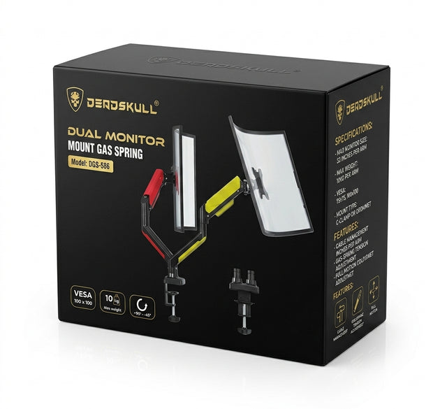 Deadskull Dual Monitor Stand (DGS-586) | Heavy-Duty Gas Spring Dual Monitor Arm Desk Mount for 17