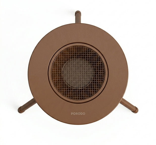 Porodo Lifestyle Outdoor Round Grill Table | Heat-Resistant Center Mesh, Heavy-Duty Foldable Steel Frame, Weather-Resistant Wood-Grain Finish (Brown)
