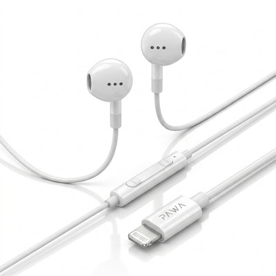 PAWA Chords Lite Edition Stereo Earphones with Lightning Connector | 14mm Drivers, 360° Stereo Sound, In-Line Controls & 1.2m Cable (White)