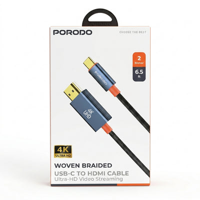 Porodo 4K Woven Braided USB-C to HDMI Cable (2m / 6.5ft) | Ultra HD Video Streaming Adapter Cord for Mac, PC, TV, PS5 & PlayStation 5 Setups