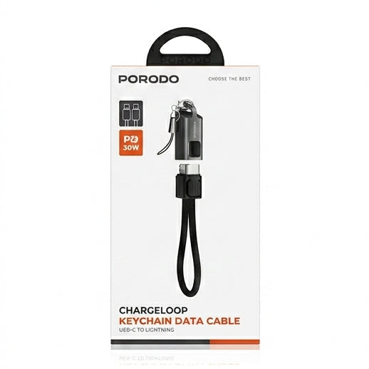 PORODO Chargeloop Keychain Data Cable USB-C to Lightning | 30W Power Delivery Fast Charging, 0.2M Ultra-Portable Length, Zinc Alloy Shell & Nylon Braided Design (Black)