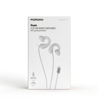 Porodo Voxen Clip-On Wired Earphones with Lightning Connector | Open-Ear Design, In-Line Mic & Volume Controls (White)