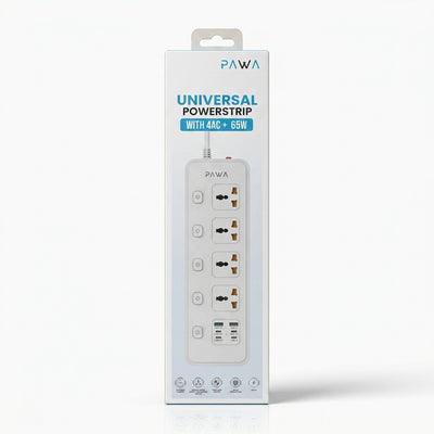 PAWA Universal Powerstrip with 4 AC Outlets & 65W Fast Charging Ports | Individual Switches, 3000W Heavy Duty & 3M Power Cable (White)