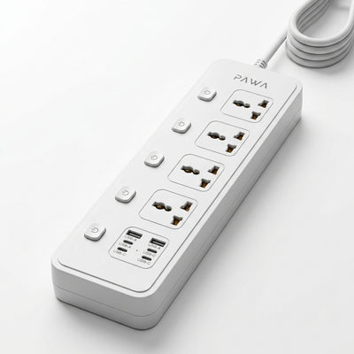 PAWA Universal Powerstrip with 4 AC Outlets & 45W Fast Charging Ports | Individual Switches, 3000W Heavy Duty & 3M Power Cable (White)