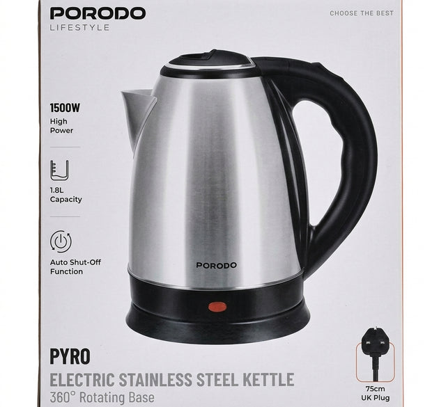 Porodo Lifestyle 1.7L Stainless Steel Electric Kettle | Rapid Boil 2200W, Cordless Design, Auto Shut-Off & Boil-Dry Protection (Brushed Steel / Black)