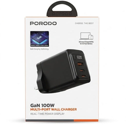 Porodo GaN 100W Multi-Port Wall Charger | Real-Time Power Display, Dual USB-C & USB-A Fast Charging Adapter (Black)