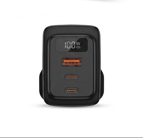 Porodo GaN 100W Multi-Port Wall Charger | Real-Time Power Display, Dual USB-C & USB-A Fast Charging Adapter (Black)