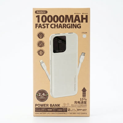 Remax RPP-657 10000mAh Fast Charging Power Bank – 2.4A Portable Charger with Built-In Cables & LED Display (Multi-Compatible Battery Pack)