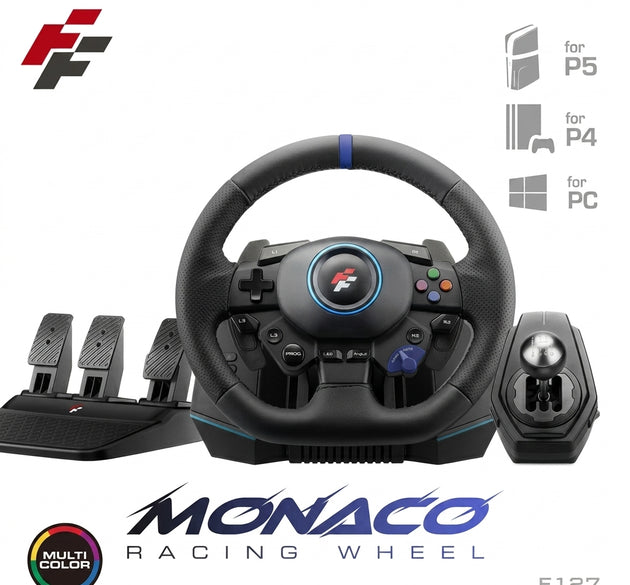 Monaco F127 Multi-Platform Racing Wheel with Pedals | Ergonomic Sim Racing Steering Wheel, Dual Vibration Motors, Paddle Shifters, Responsive Floor Pedals | Compatible with PC, PS5, PS4, PS3,  & Switch