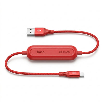Hoco U22 Type-C Battery Cable with Built-in 2000mAh Power Bank (1.2m) | 2-in-1 Red Fast Charging Cord & Emergency Portable Charger