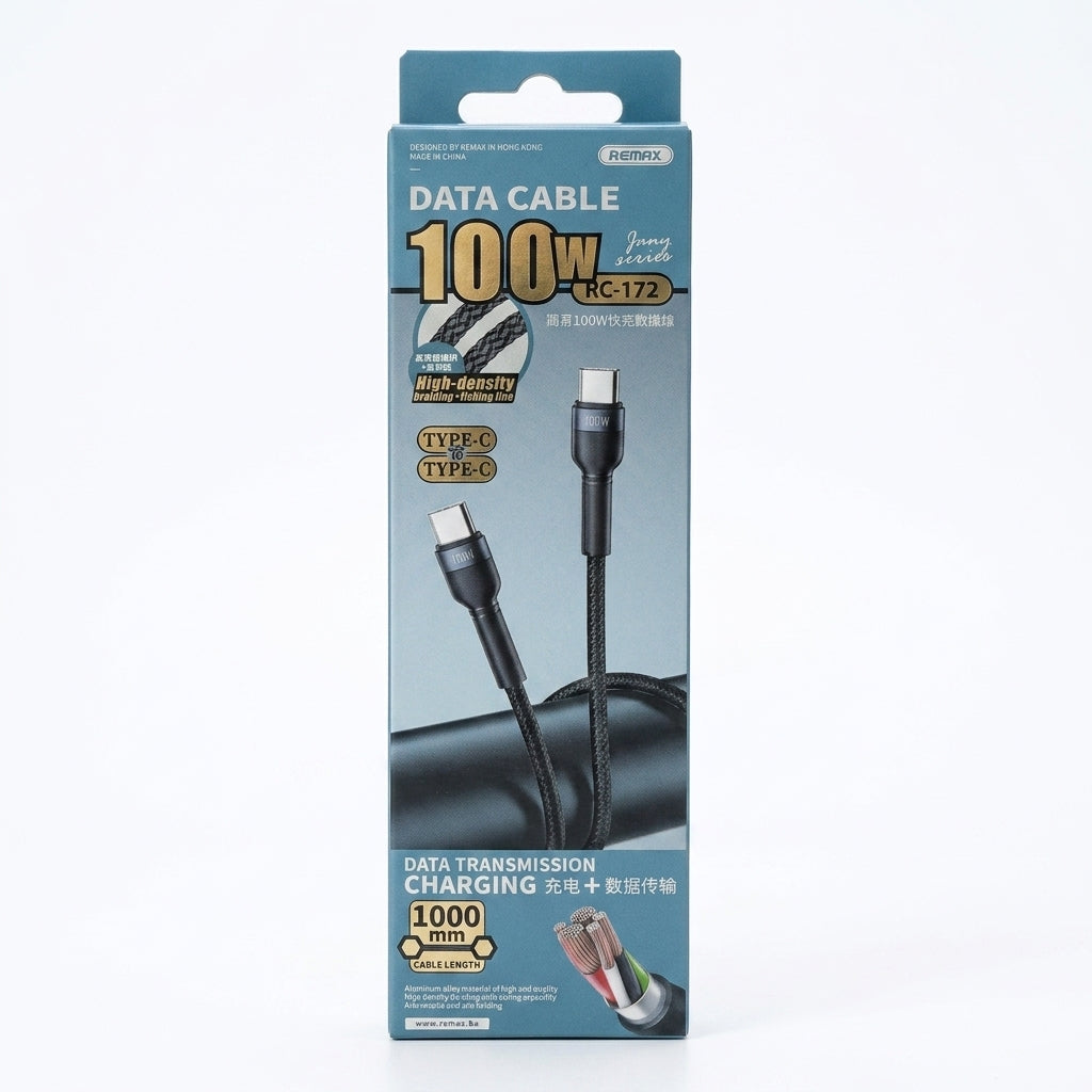 REMAX Jany Series 100W Type-C to Type-C Cable (RC-172) – 1M High-Density Braided Fast Charging & Data Sync Cord
