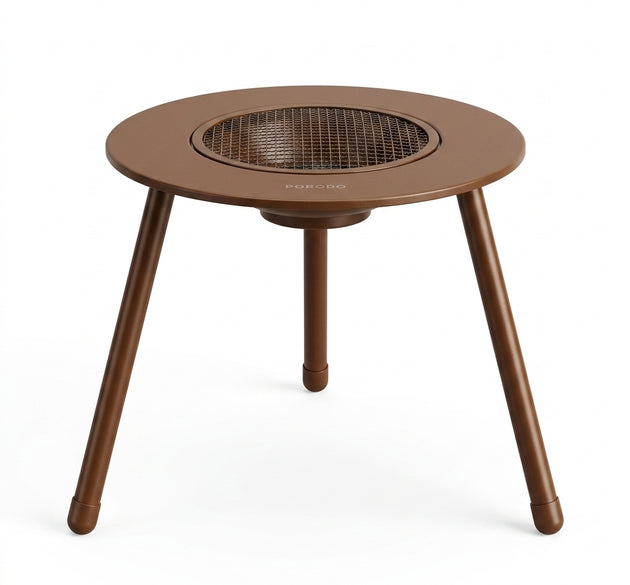 Porodo Lifestyle Outdoor Round Grill Table | Heat-Resistant Center Mesh, Heavy-Duty Foldable Steel Frame, Weather-Resistant Wood-Grain Finish (Brown)