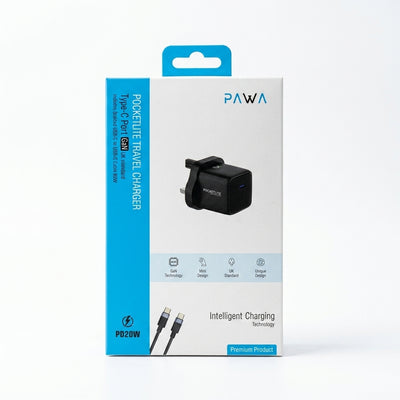 PAWA Pocketlite GaN Travel Charger (UK Standard) with 60W Braided USB-C to USB-C Cable – 20W PD Intelligent Power Adapter (Enhance Your Mobile, PS5, PlayStation 5, and Nintendo Switch NSW Setup)