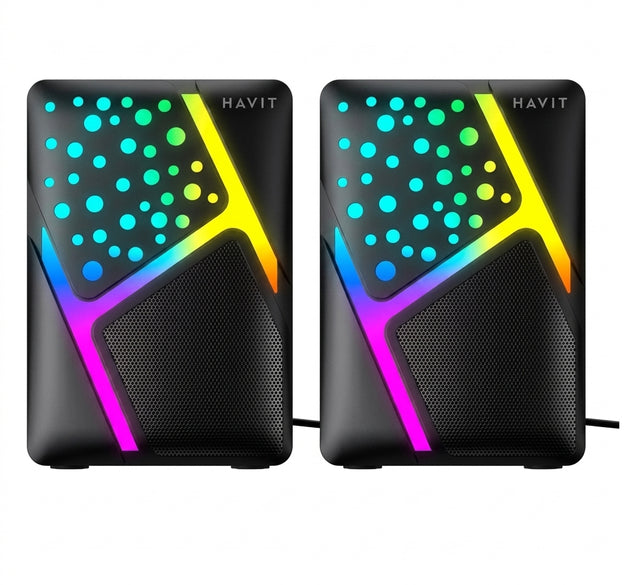 Havit SK763 2.0 Stereo Gaming Computer Speakers | Dynamic RGB LED Lighting, 6W RMS (3W x 2) Output, Dual 52mm Audio Drivers, 3.5mm AUX & USB 5V Plug-and-Play | For PC, Laptop, Mac & Gaming Setup