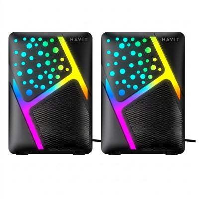 Havit SK763 2.0 Stereo Gaming Computer Speakers | Dynamic RGB LED Lighting, 6W RMS (3W x 2) Output, Dual 52mm Audio Drivers, 3.5mm AUX & USB 5V Plug-and-Play | For PC, Laptop, Mac & Gaming Setup