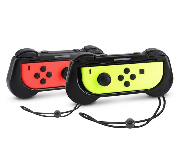 JYS NS155 Ergonomic Joy-Con Handle Grips 2-Pack for Nintendo Switch | Wear-Resistant ABS Shell, Pass-Through SL/SR Buttons & Wrist Straps (Black)
