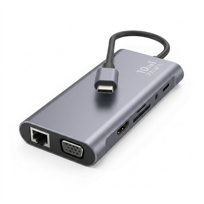 PAWA 10-in-1 USB-C Hub Adapter | 100W Power Delivery, 4K@30Hz HDMI, 1080p VGA, RJ45 Ethernet, SD/TF Card Reader & 3.5mm Audio (Space Grey)