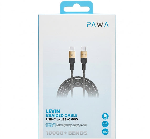 PAWA Levin Titanium 60W USB-C to USB-C Braided Cable (1.2M / 4Ft) | Thickened Pure Copper Core, 10,000+ Bend Durability & 480Mbps Data Sync (Desert Titanium Black & Grey Titanium)