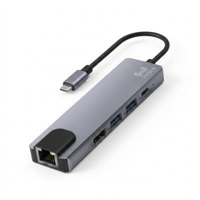 PAWA 5-in-1 USB-C Hub Adapter | 100W Power Delivery, 4K@30Hz HDMI, RJ45 Ethernet & High-Speed USB 3.0 (Space Grey)