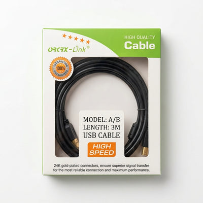 ORCX-Link 3M High-Speed USB Printer Cable (Model A/B) – 24K Gold-Plated Type-A to Type-B Data Sync Cord with Ferrite Core Shielding