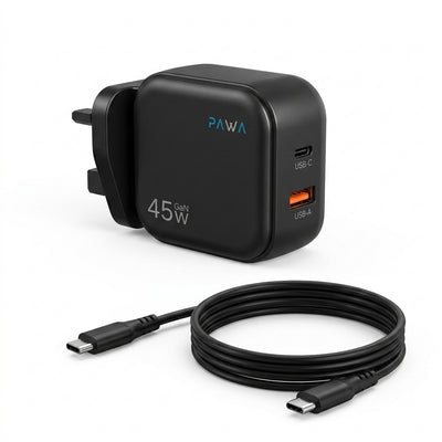 PAWA Quick GaN 45W Dual Port Wall Charger with USB-C to USB-C Cable | High-Efficiency Gallium Nitride, USB-C PD + USB-A QC Ports & UK Plug (Black & White)