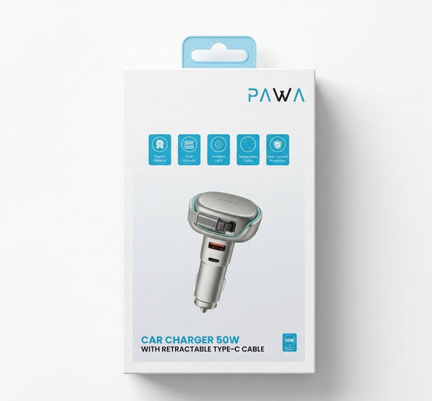 PAWA 50W Fast Car Charger with Built-In Retractable Type-C Cable | Dual Outputs, Ambient Light Ring & Over-Current Protection (Titanium Grey)