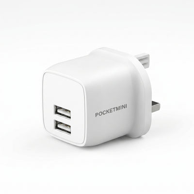 PAWA PocketMini Dual USB Travel Charger 2.4A with USB-A to Type-C Cable | UK 3-Pin Plug, Intelligent Current Matching & Over-Voltage Protection (White)