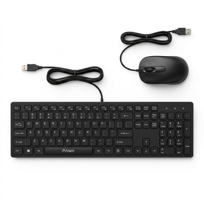 PAWA Wired Slim Keyboard & Mouse Mini Desktop Pack | Compact 78-Key Layout, 1200 DPI Optical Mouse, Plug & Play USB & Bilingual Keycaps (Black)