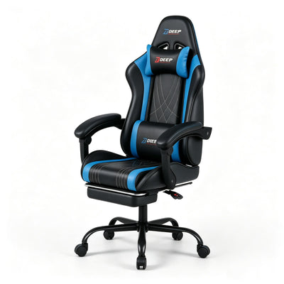 DEEP Furniture Massage Gaming Chair | Ergonomic Racing Chair with Massage Lumbar Pillow, Retractable Footrest, 90°-145° Recline & Linkage Armrests | PU Leather | 7 Colors