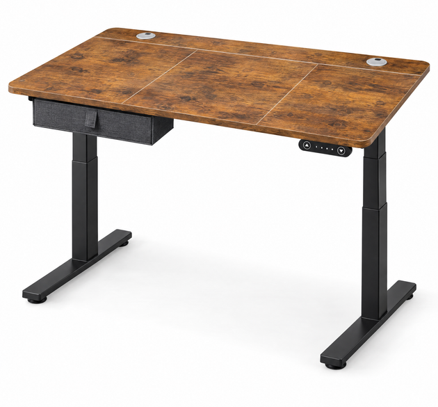 Electric Height Adjustable Standing Desk with Drawer - rustic wood grain top, black steel frame