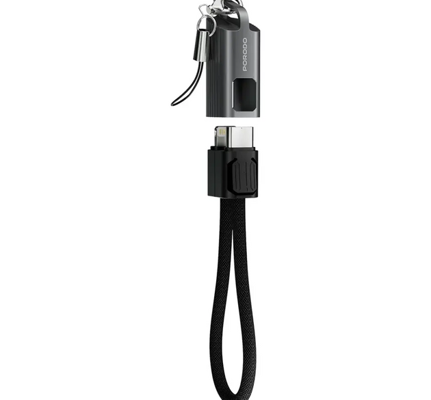 PORODO Chargeloop Keychain Data Cable USB-C to Lightning | 30W Power Delivery Fast Charging, 0.2M Ultra-Portable Length, Zinc Alloy Shell & Nylon Braided Design (Black)