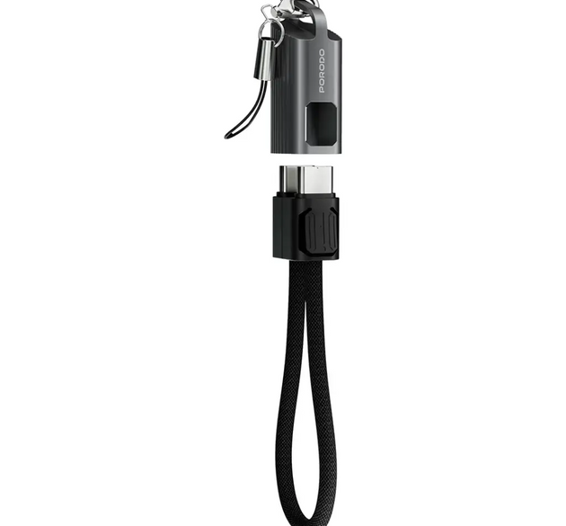 PORODO Chargeloop Keychain Data Cable USB-C to USB-C | 60W Power Delivery Fast Charging, 0.2M Ultra-Portable Length, Zinc Alloy Shell & Nylon Braided Design (Black)
