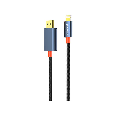 PORODO Woven Cable Lightning to HDMI (2M / 6.6Ft) | 1080p Full HD Mirroring, Plug & Play, Braided Nylon Shielding & Heavy-Duty Alloy Connectors (Black & Orange)
